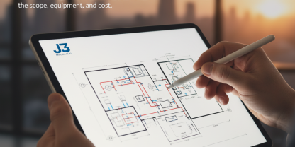 HVAC engineers reviewing blueprints for commercial ductwork and system placement.