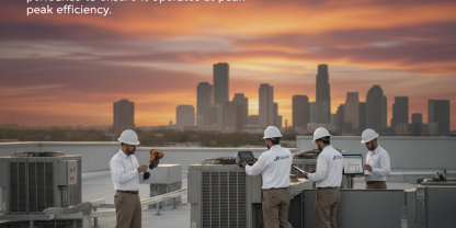 HVAC technician using diagnostic tools to test and commission a new system.