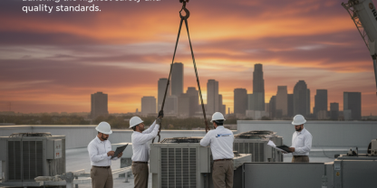 Certified J3 Mechanical technicians installing a commercial rooftop unit (RTU).